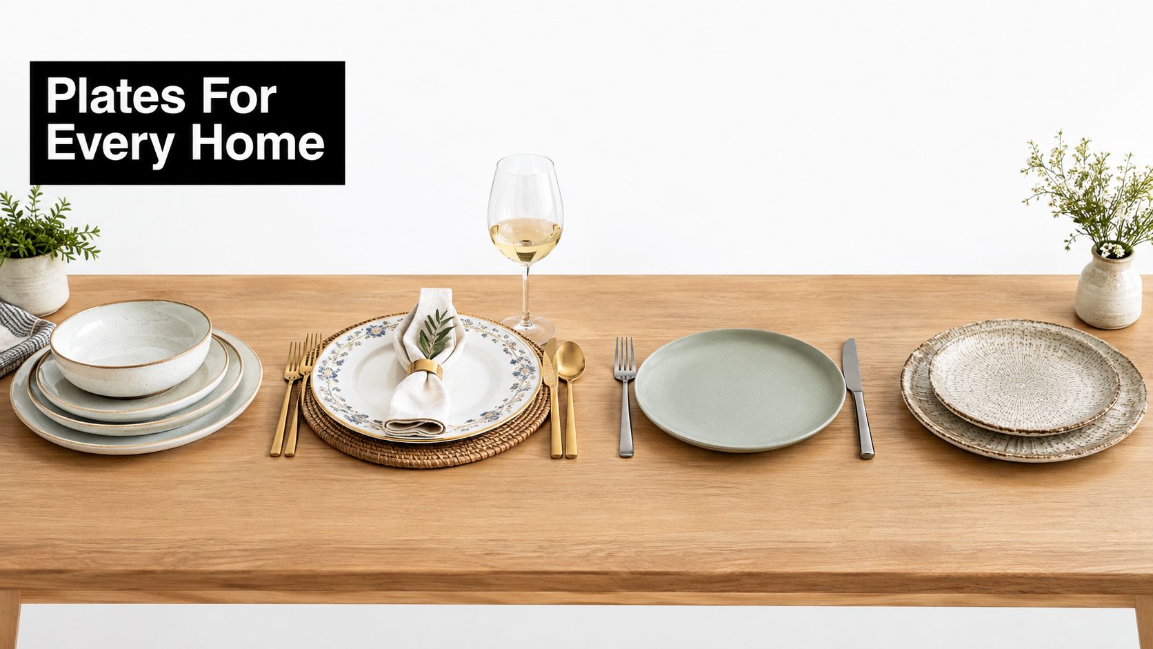 A wooden table featuring three distinct ceramic dinner plate sets, silverware, and wine glasses.