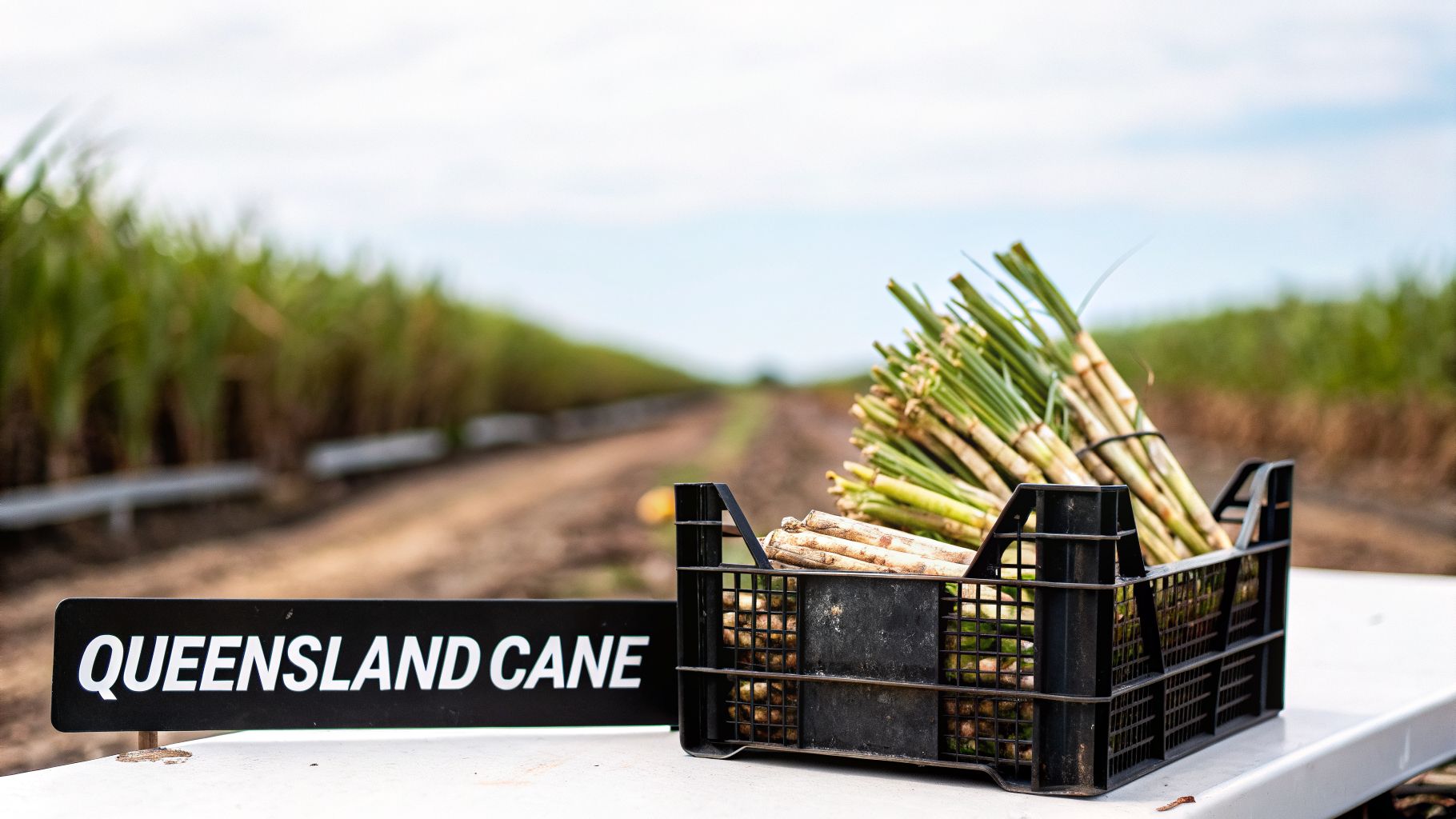 A black crate filled with fresh Queensland sugarcane stalks on a table in a field.