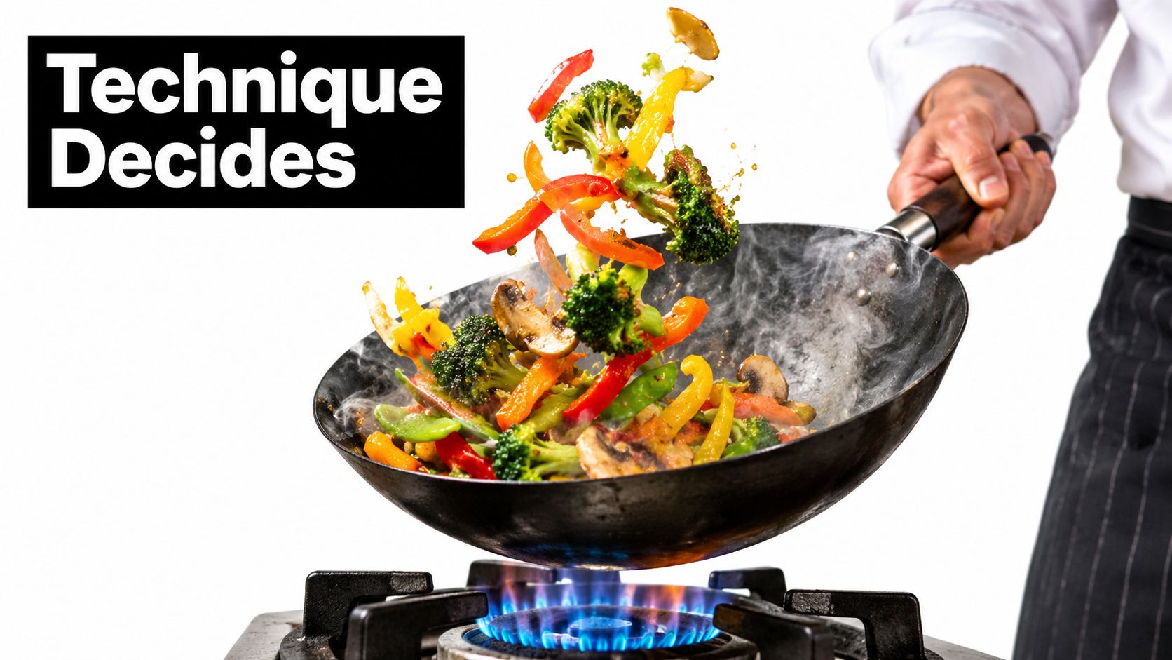 A professional chef tosses fresh vegetables in a hot wok over a blue gas stove flame.