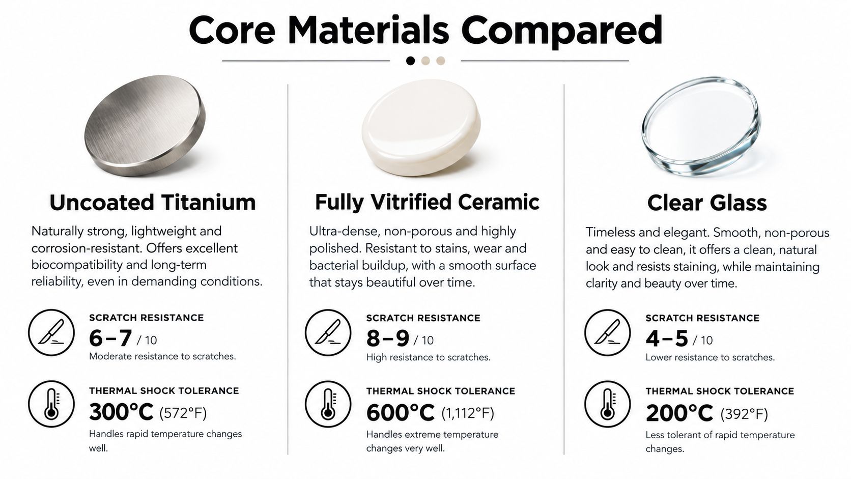 A comparison chart showing three core materials: Uncoated Titanium, Fully Vitrified Ceramic, and Clear Glass with their properties.