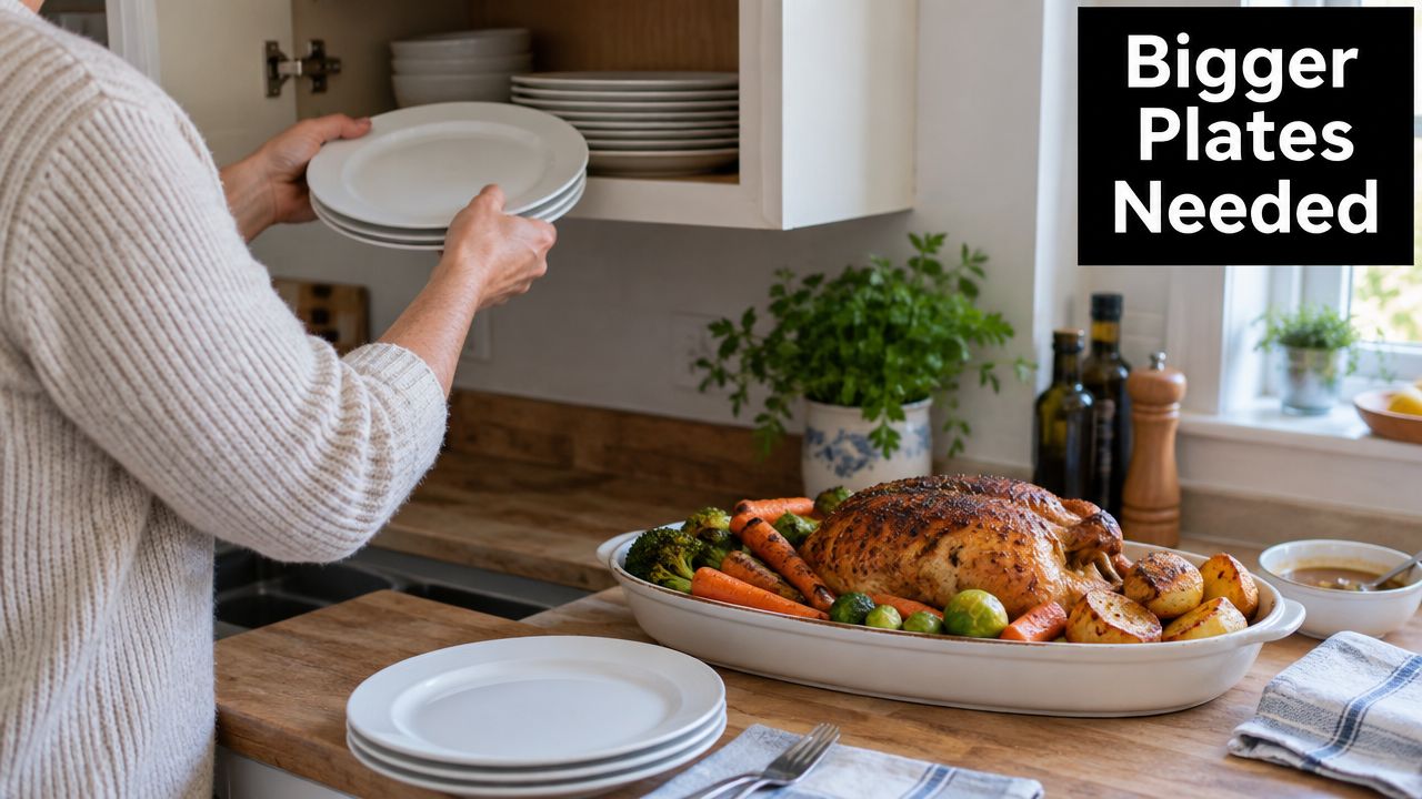 A person taking small white plates from a cupboard while a large roasted chicken dinner waits nearby.