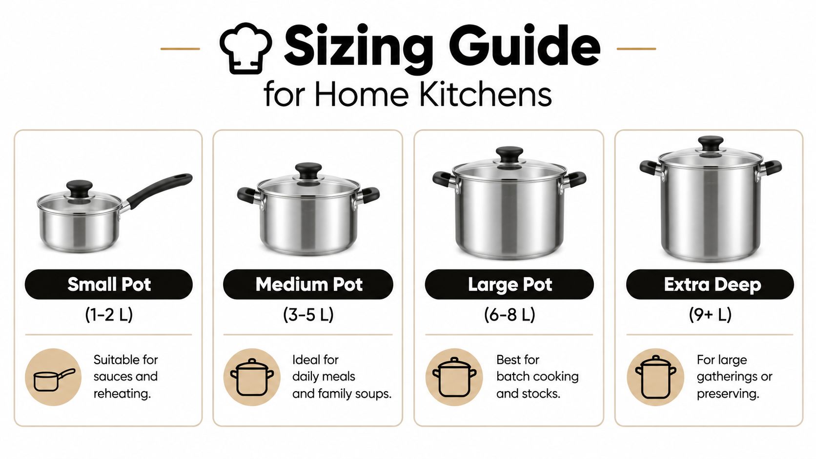A sizing guide for home kitchen pots, categorizing cookware from small to extra deep capacities.