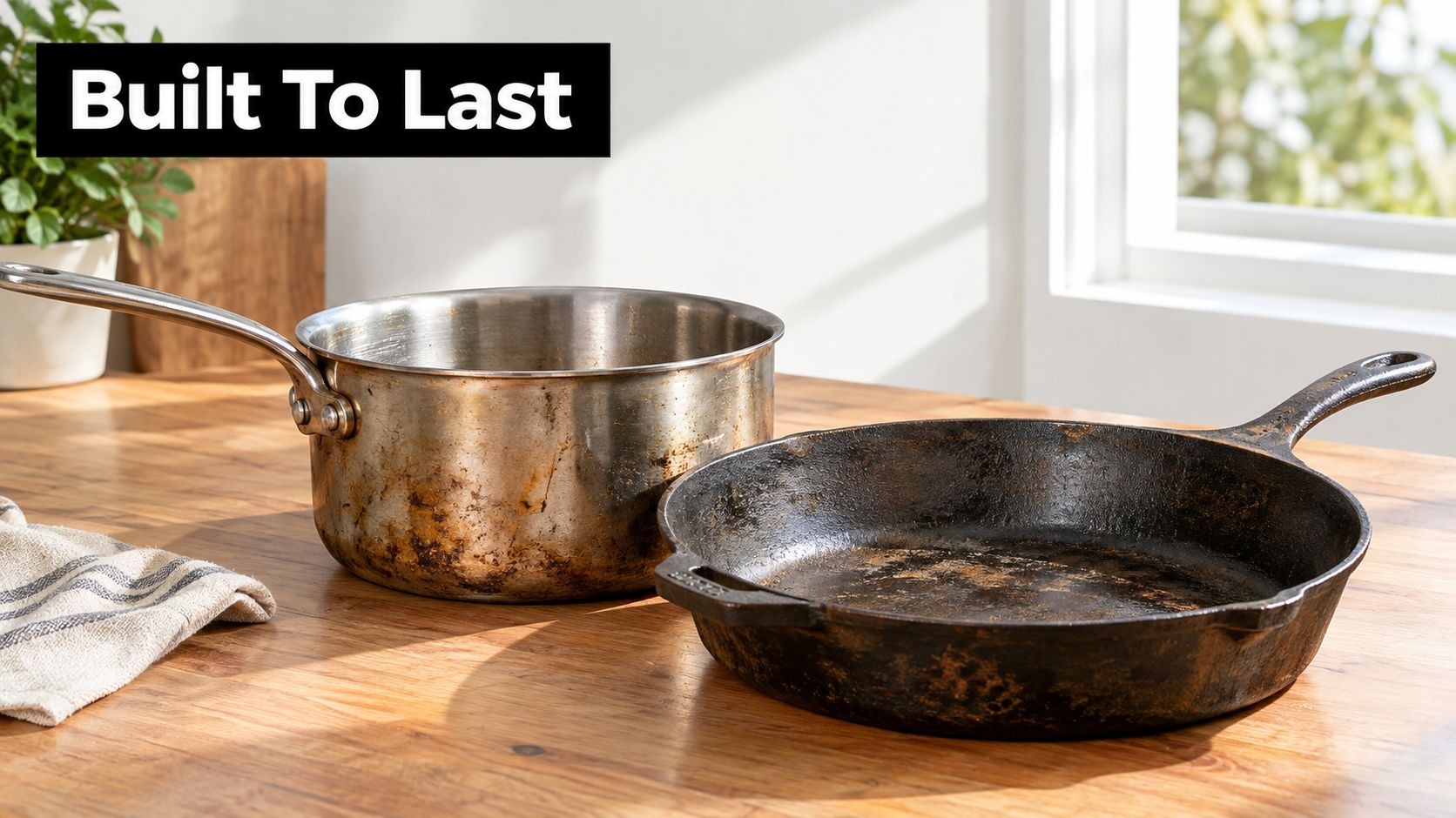A well-used stainless steel saucepan and a seasoned cast iron skillet sitting on a wooden kitchen counter.