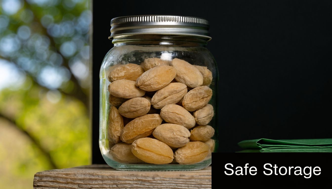 A glass jar filled with dried apricot seeds sitting on a rustic wooden board against a dark background.