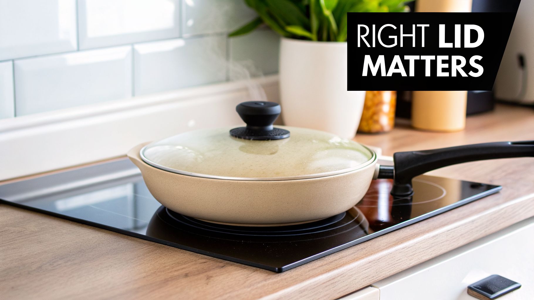 A ceramic frying pan with a glass lid steaming on an induction cooktop in a bright kitchen.