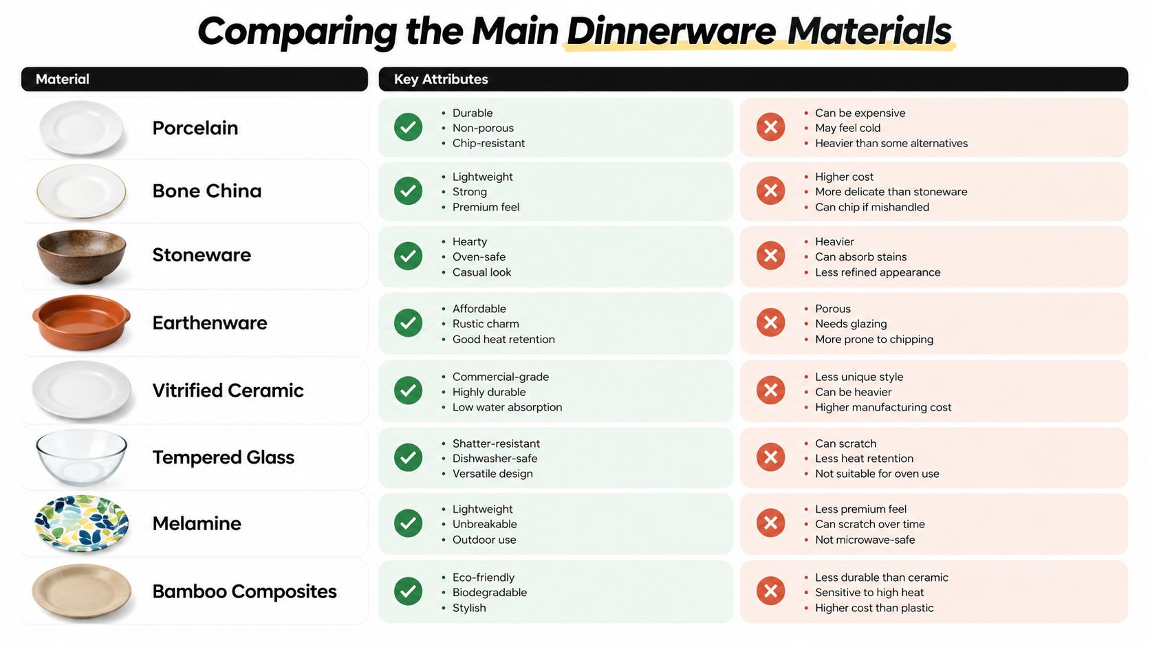 A comparison chart outlining the pros and cons of common dinnerware materials like porcelain, stoneware, and melamine.