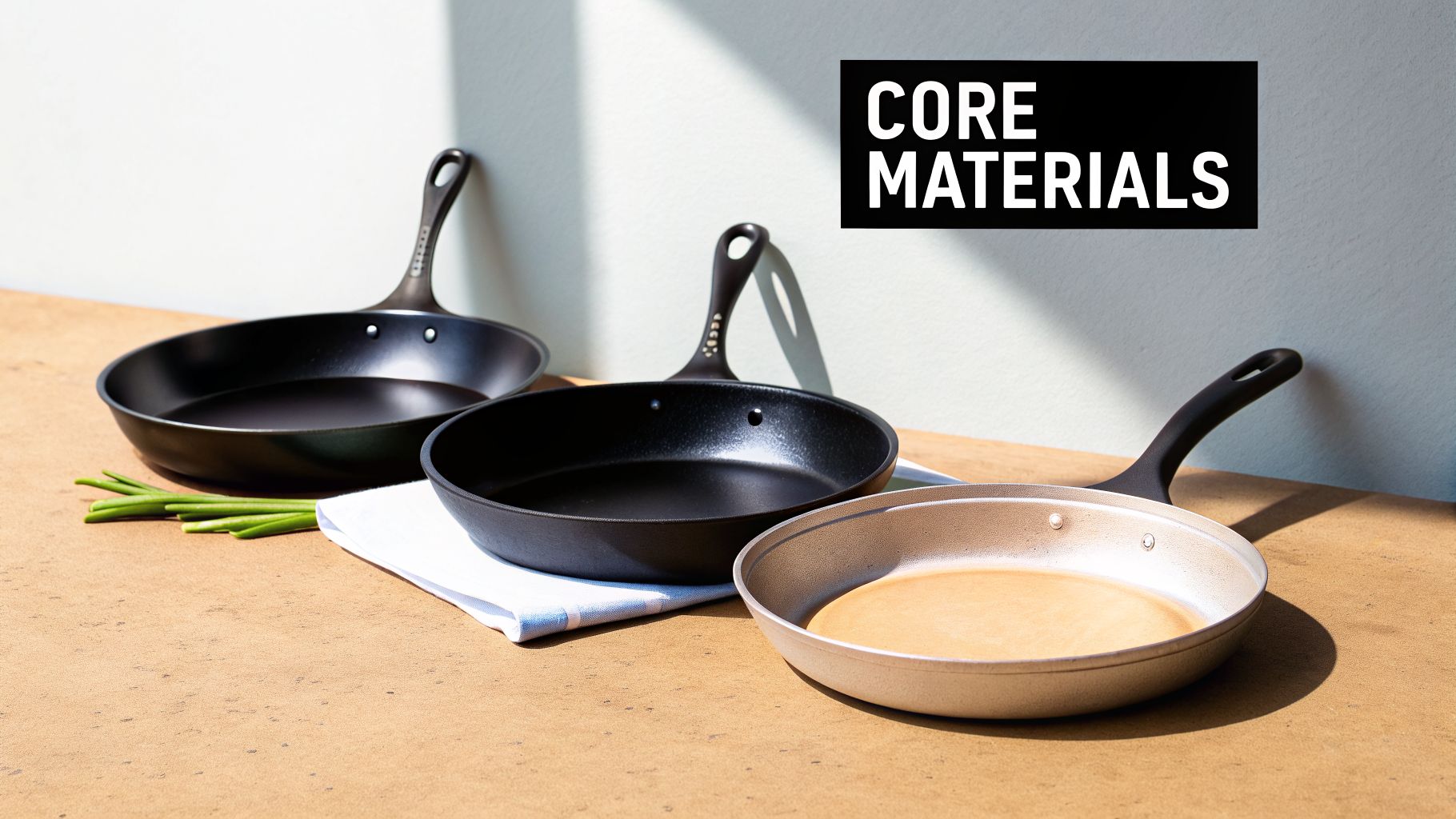 Three different non-stick skillets, demonstrating core materials, displayed on a wooden surface with green onions.