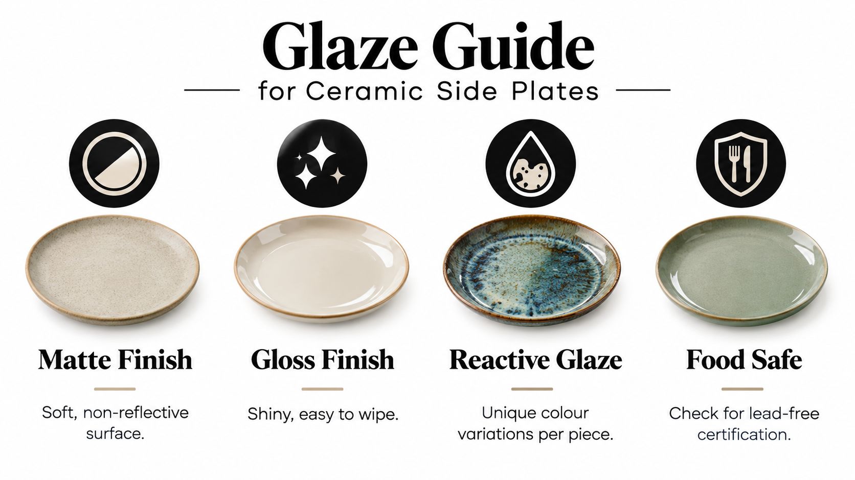 A visual guide for ceramic side plates showing four different finishes: matte, gloss, reactive glaze, and food safe.