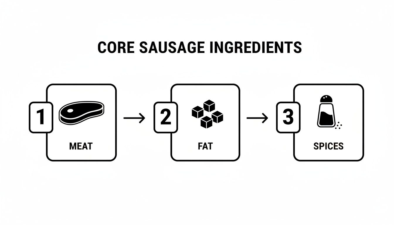 Flowchart showing the three core sausage ingredients: meat, fat, and spices.