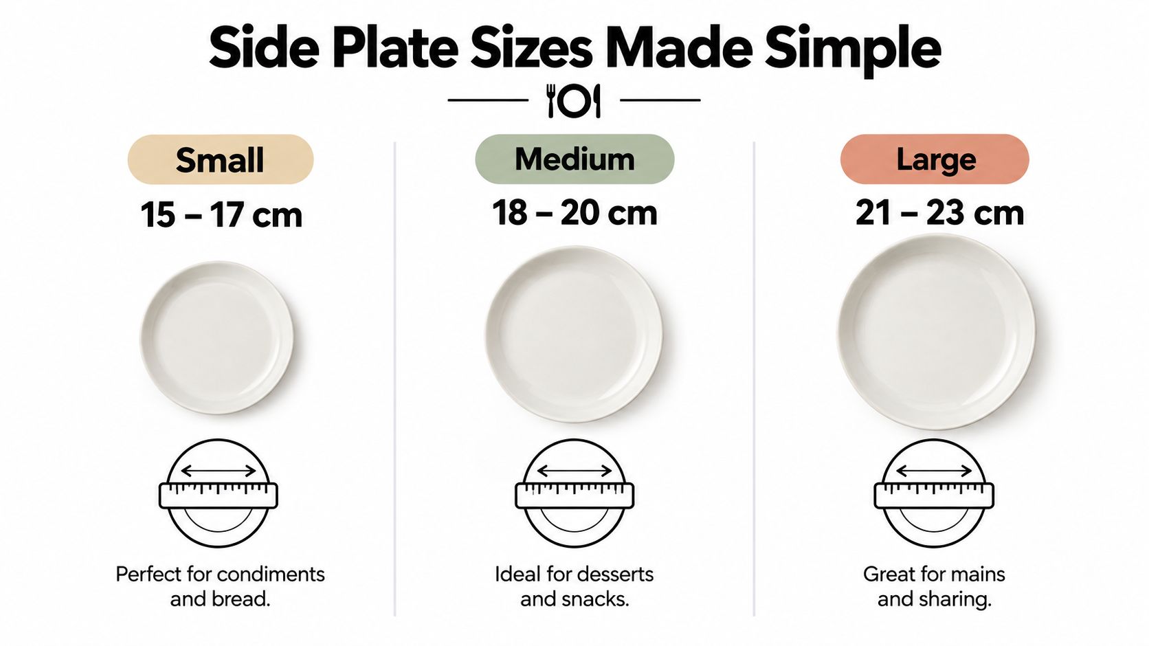 A visual guide comparing three sizes of ceramic side plates for condiments, desserts, and main courses.