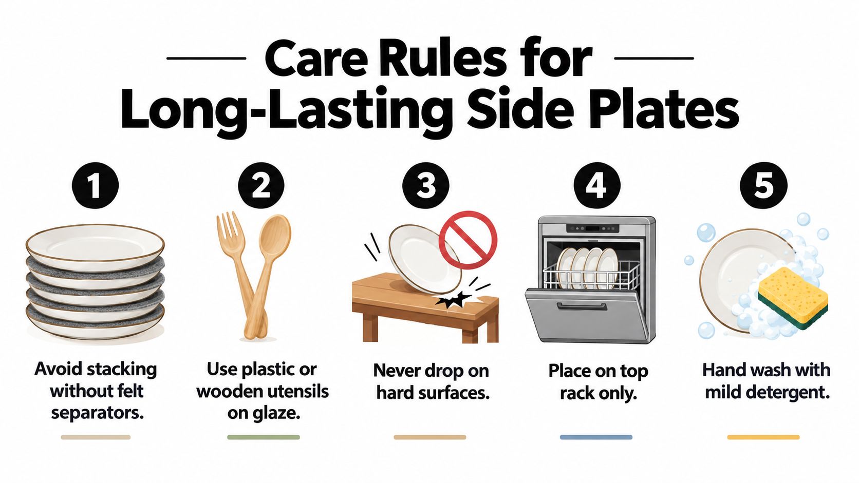 A list of five essential care tips for maintaining high-quality ceramic side plates, presented with illustrated icons.