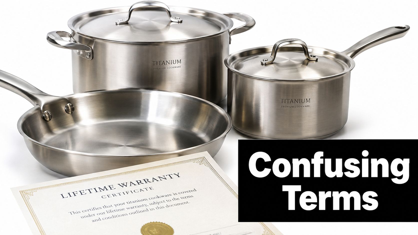 A stainless steel titanium cookware set displayed next to a lifetime warranty certificate on a white background.