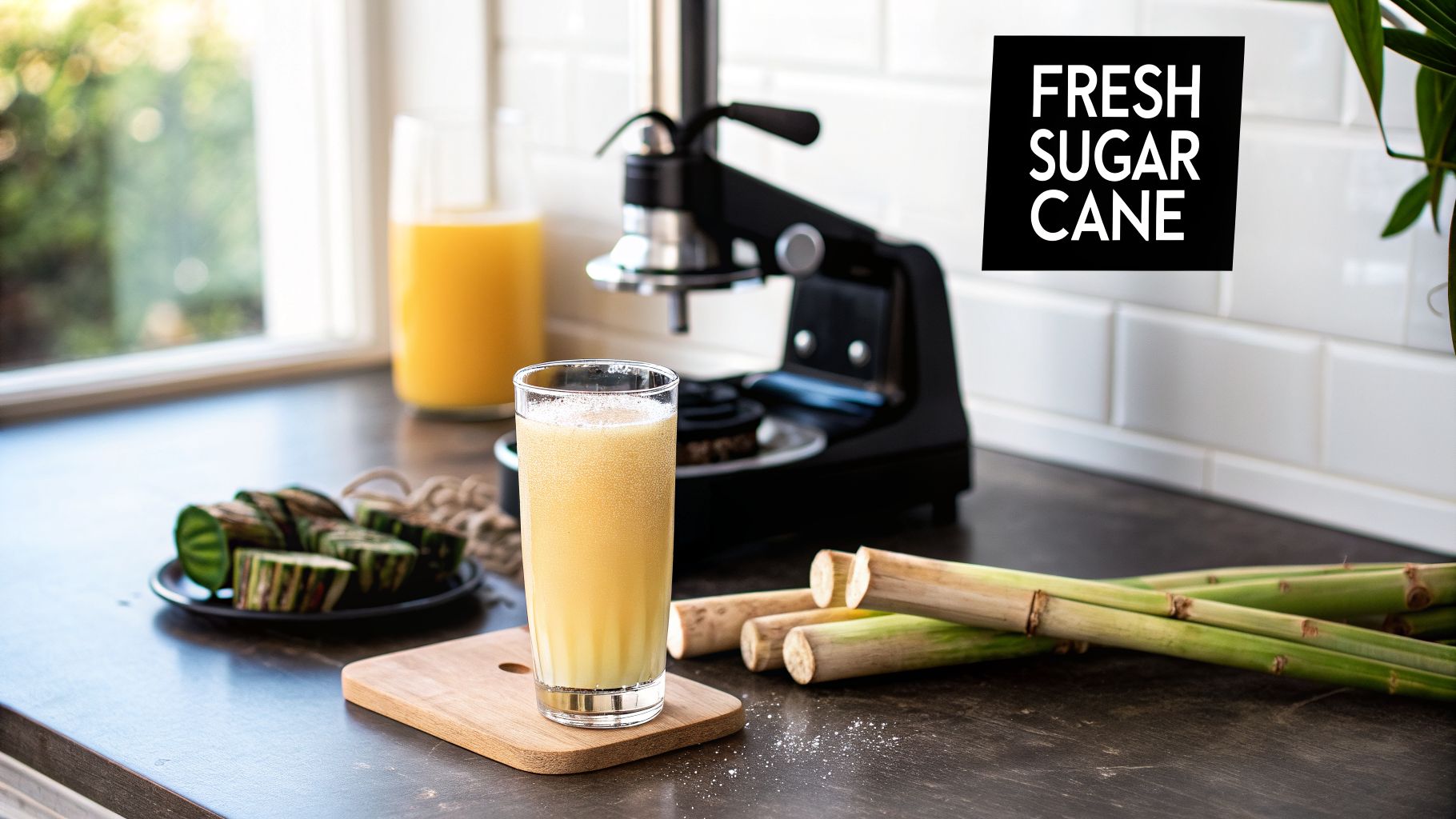 A glass of fresh sugarcane juice, sugarcane stalks, and a juicer on a kitchen counter.