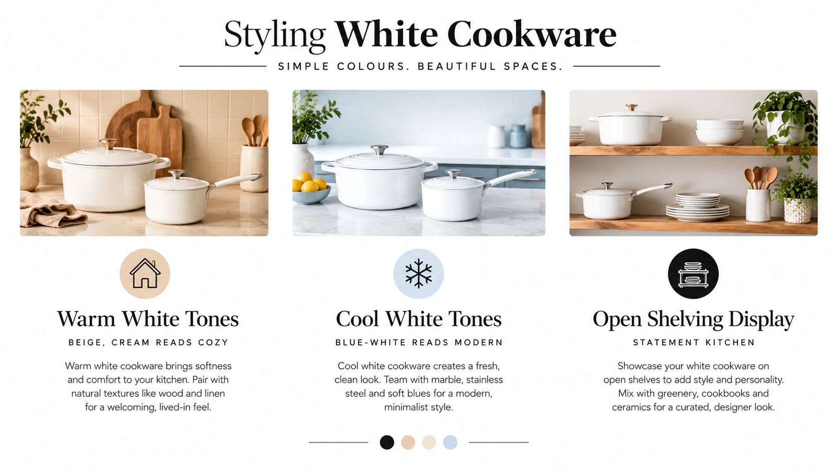 A styling guide showcasing three different ways to display white pots and pans in a kitchen.