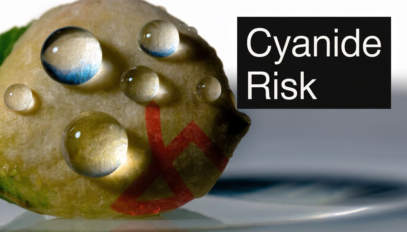A close-up of an apricot seed with water droplets and a red warning symbol regarding cyanide risk.