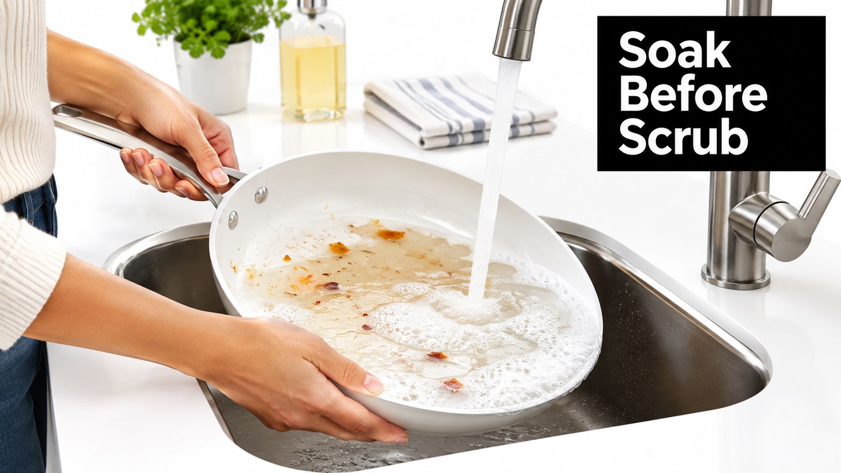 A person rinsing a dirty white frying pan with soapy water in a modern kitchen sink.