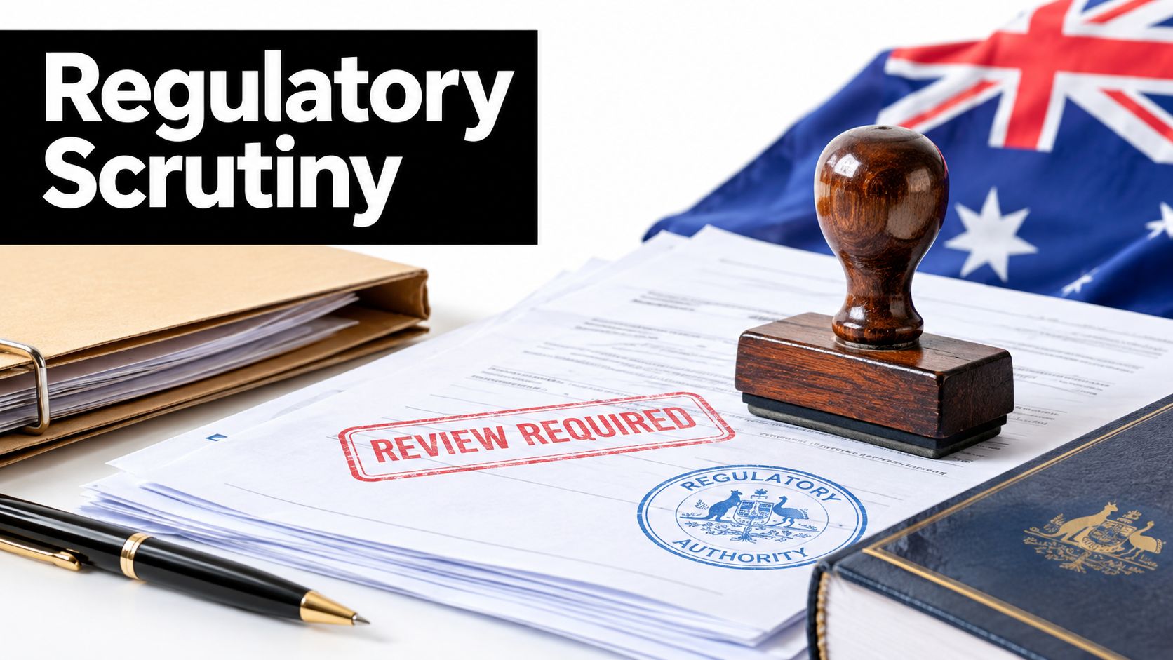 A wooden stamp and official documents with review required stamp placed on an Australian flag background.