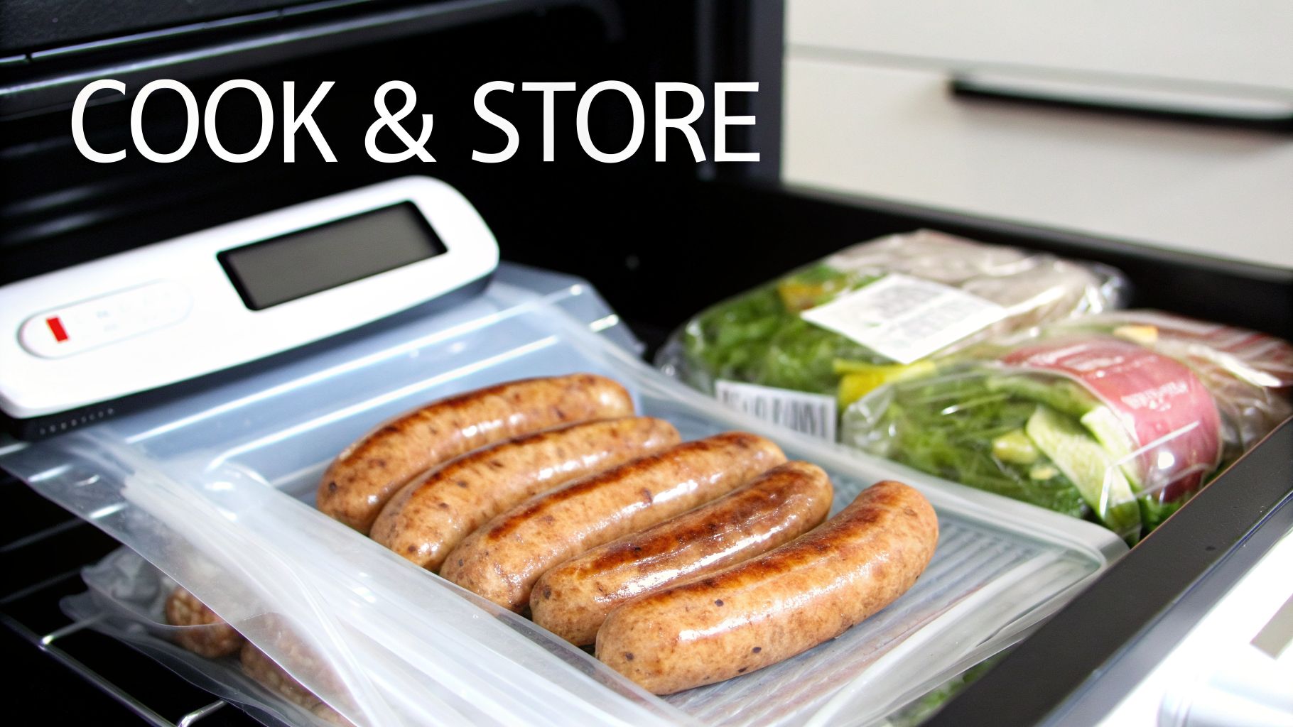 Cooked sausages are placed in a clear vacuum-sealed bag next to a food sealer machine for storage.