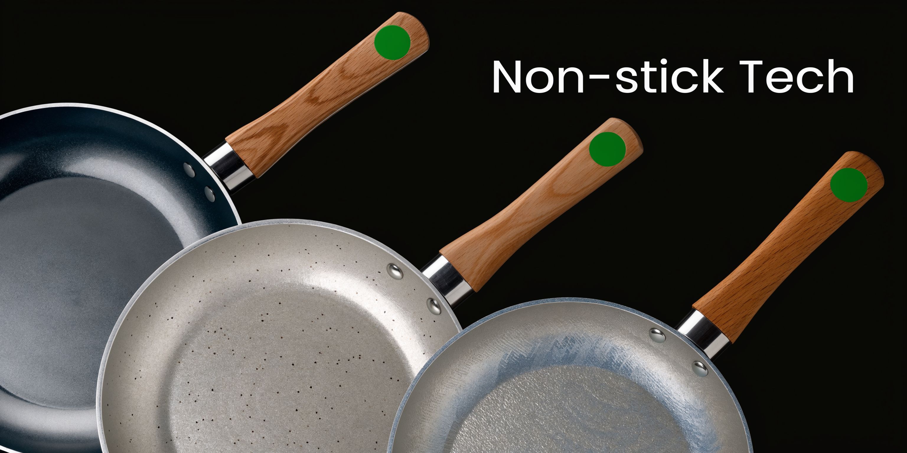 A set of three non-stick saute pans with wooden handles arranged against a solid black background.
