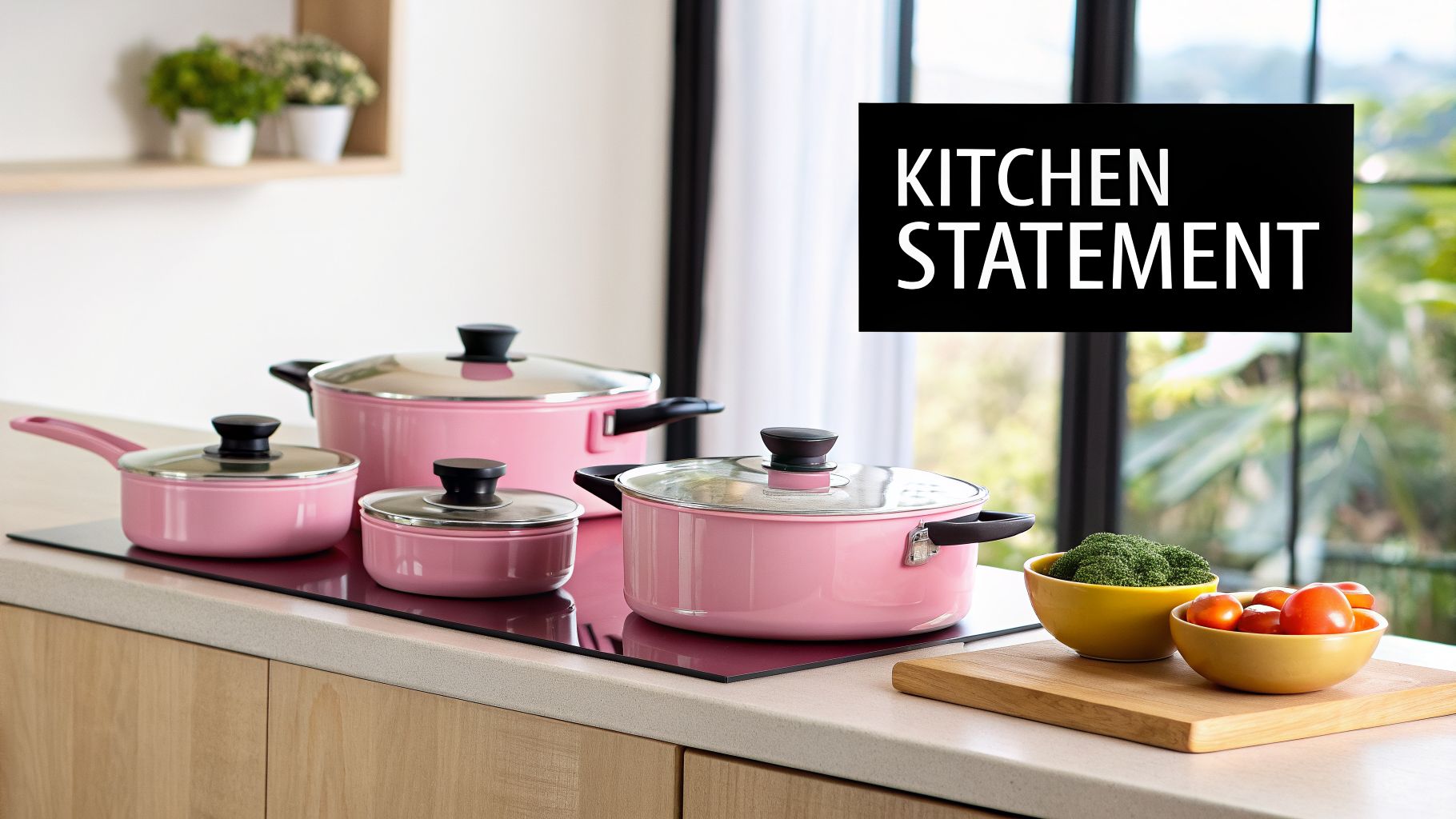 A vibrant set of pink pots and pans on a modern kitchen counter with fresh vegetables.