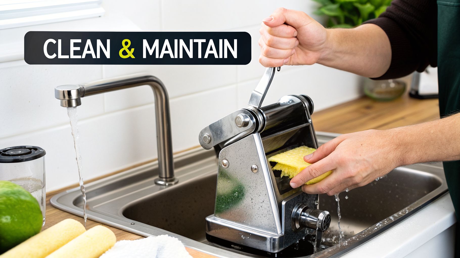 A person cleans a stainless steel juicer machine with a yellow sponge under running water in a kitchen sink.