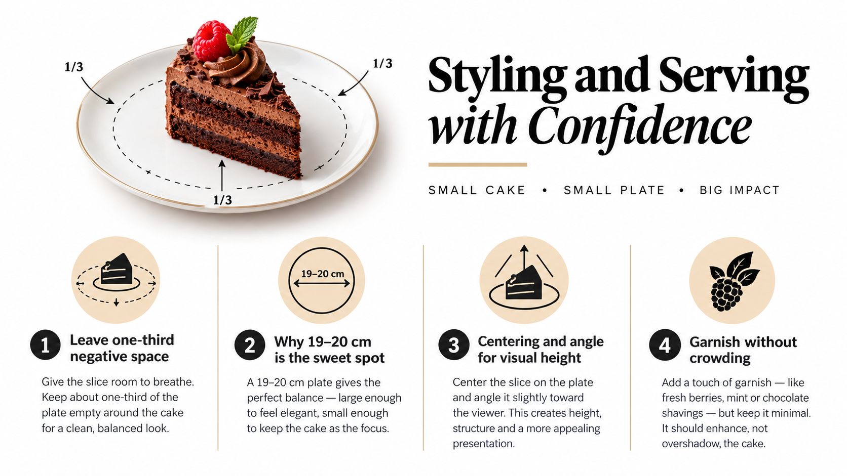 An infographic illustrating four professional styling tips for serving a slice of cake on small plates.