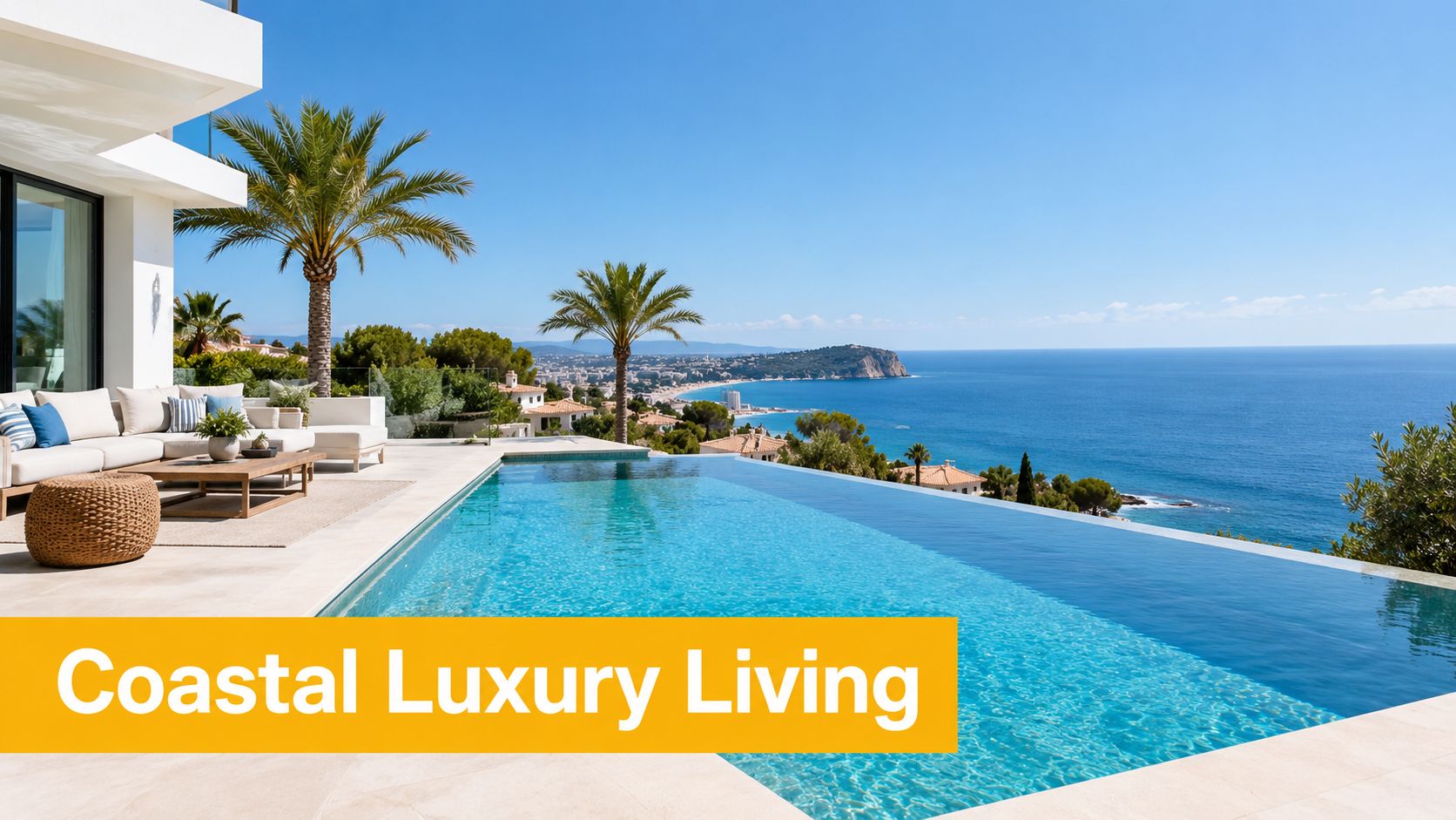 A luxurious infinity pool overlooking a stunning coastal landscape with palm trees and a clear blue sea.