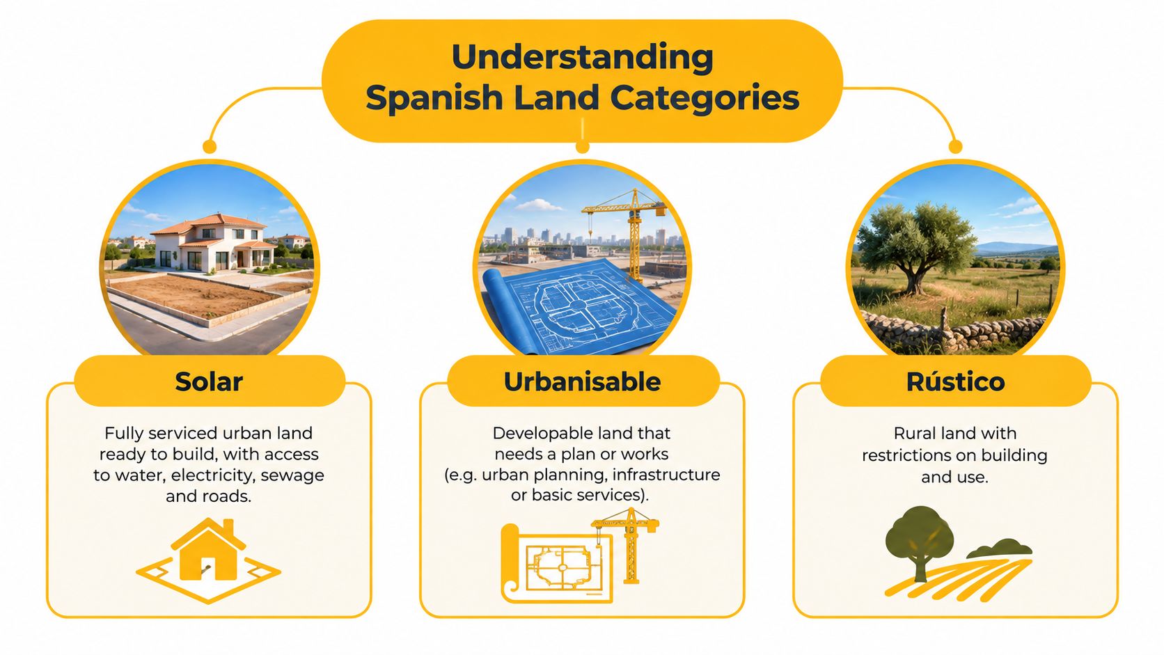 An infographic explaining the three main categories of land in Spain: Solar, Urbanisable, and Rústico.