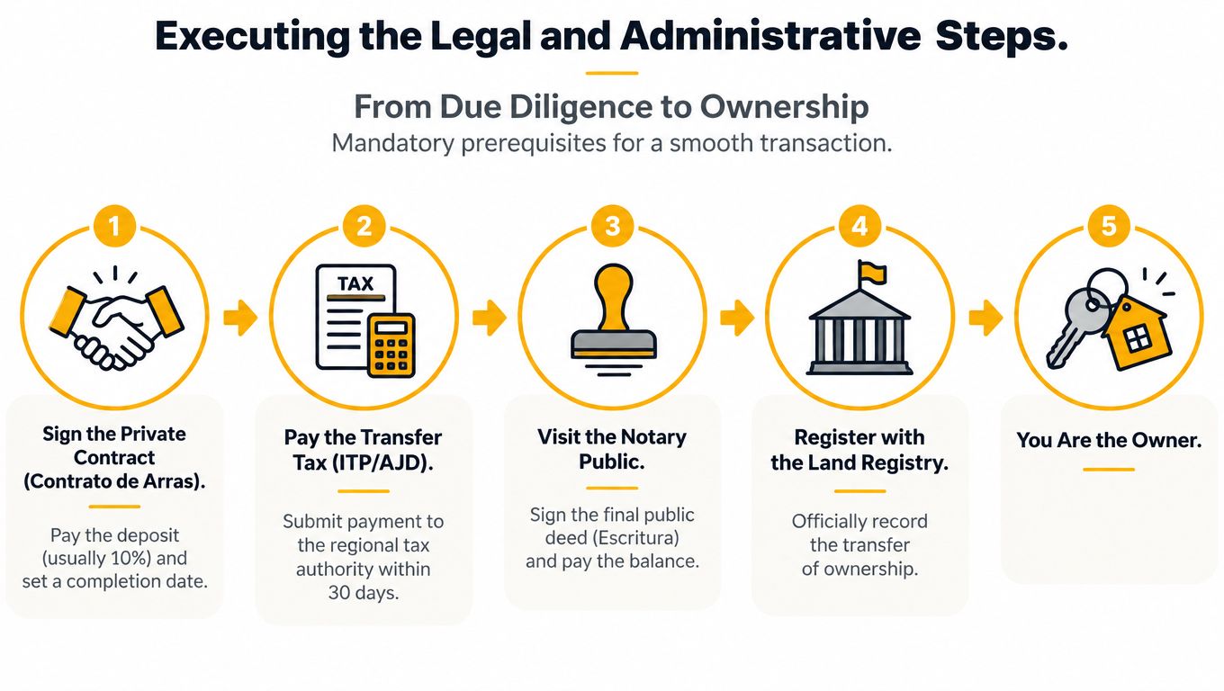 A five-step infographic showing the legal and administrative process for buying property in Spain.