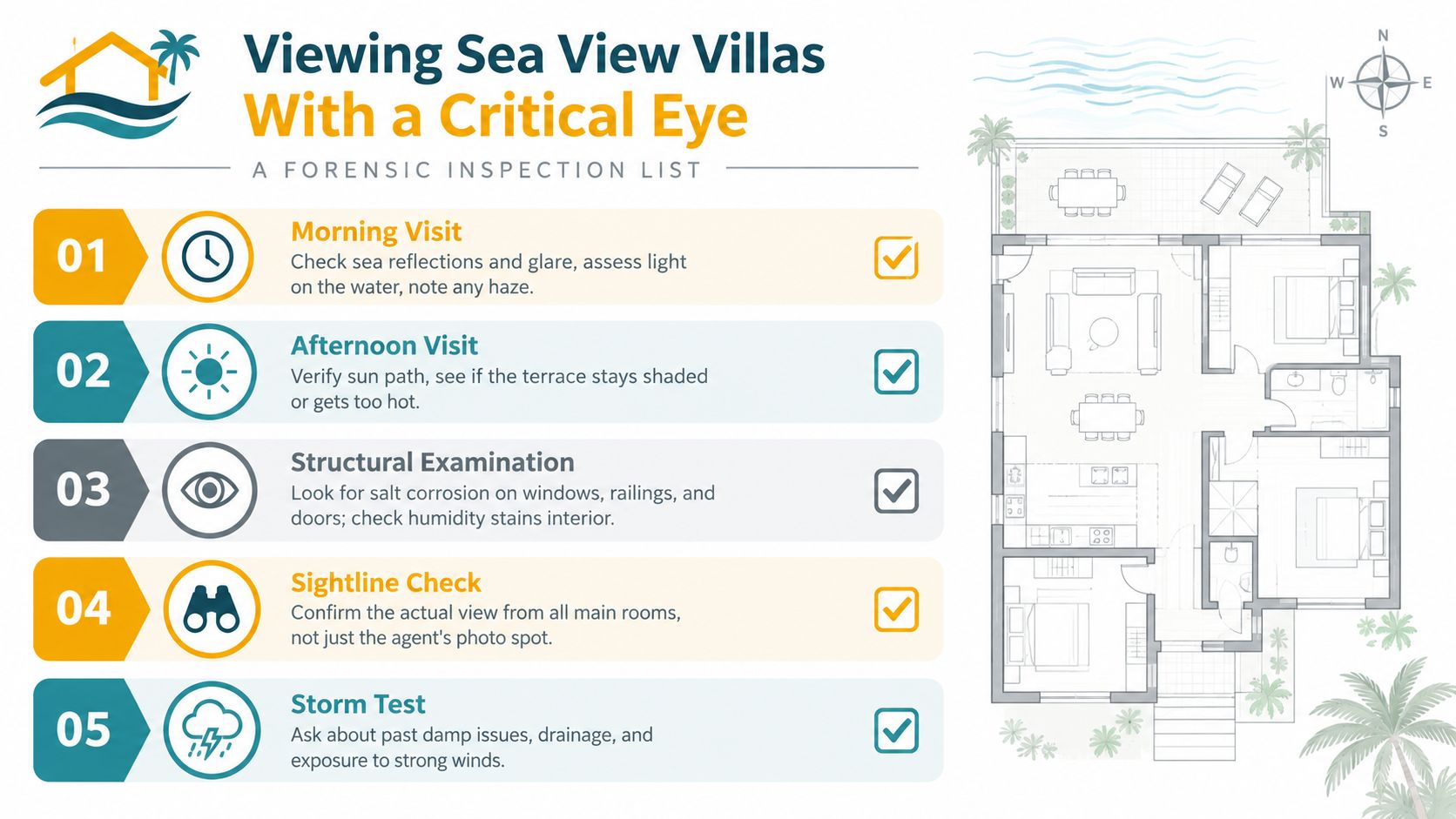 A checklist infographic titled Viewing Sea View Villas with a Critical Eye and a floor plan.