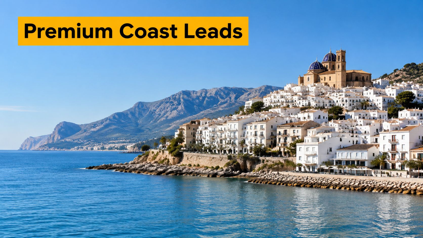 A picturesque coastal town featuring white buildings perched on a cliffside overlooking the clear blue sea.