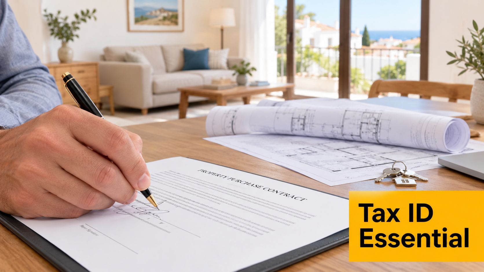 A person signs a property purchase contract at a wooden desk with house blueprints and keys nearby.