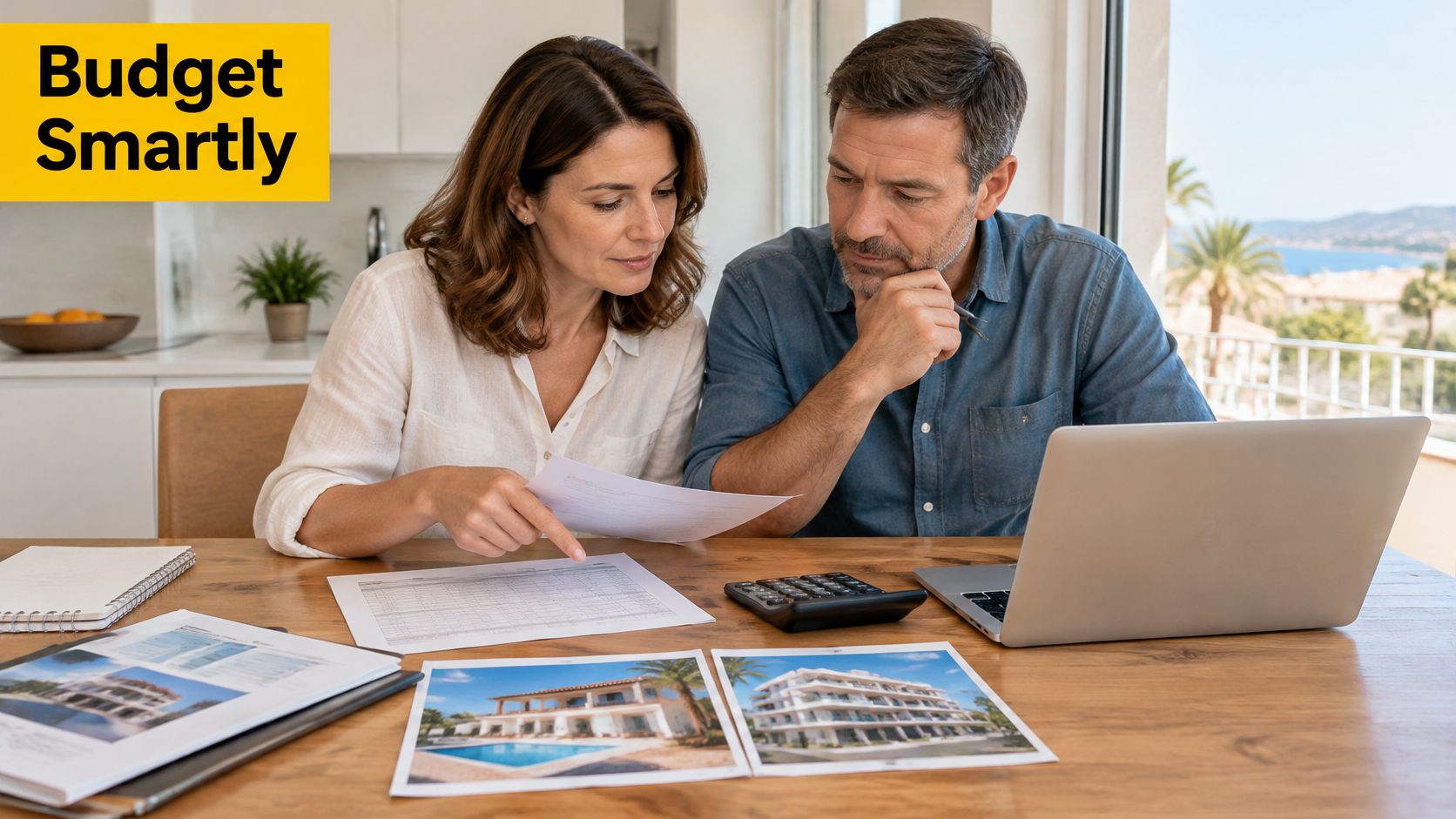 A middle-aged couple reviewing financial documents and property photos on a wooden table to plan home purchase.