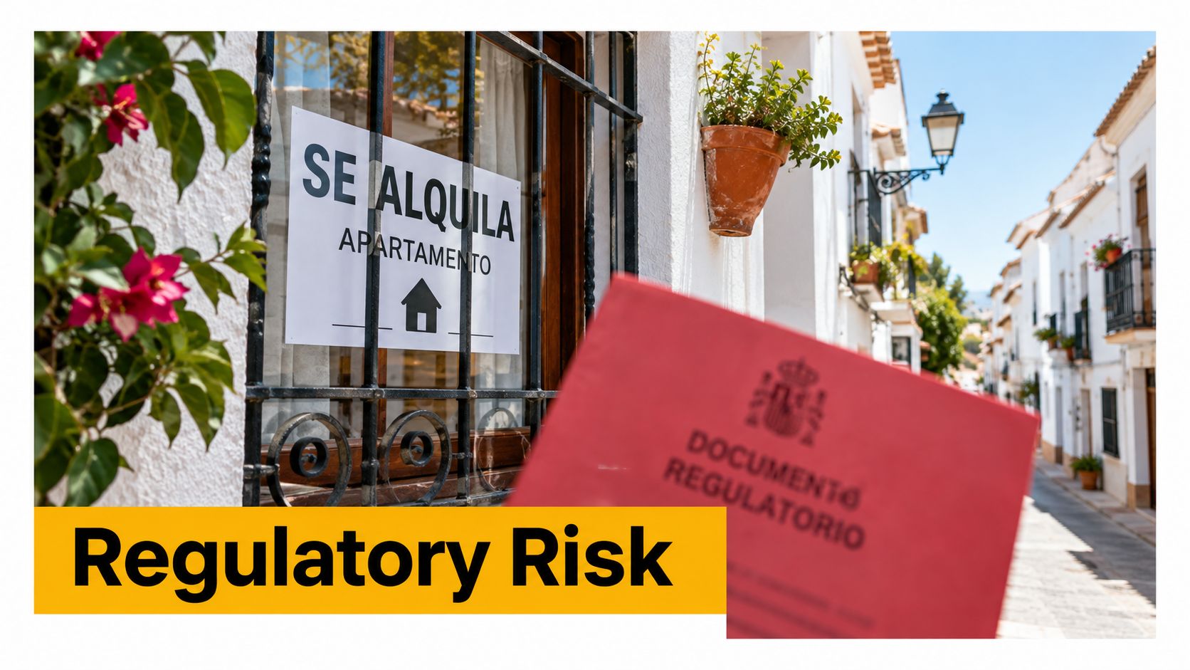 A rental sign on a Spanish window next to a regulatory document representing housing policy risk.