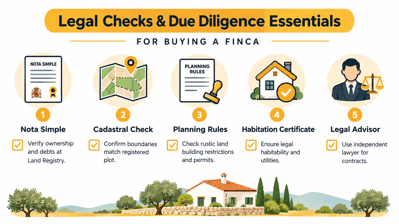An infographic detailing five essential legal checks for buying a finca in Spain, including documentation and professional advice.