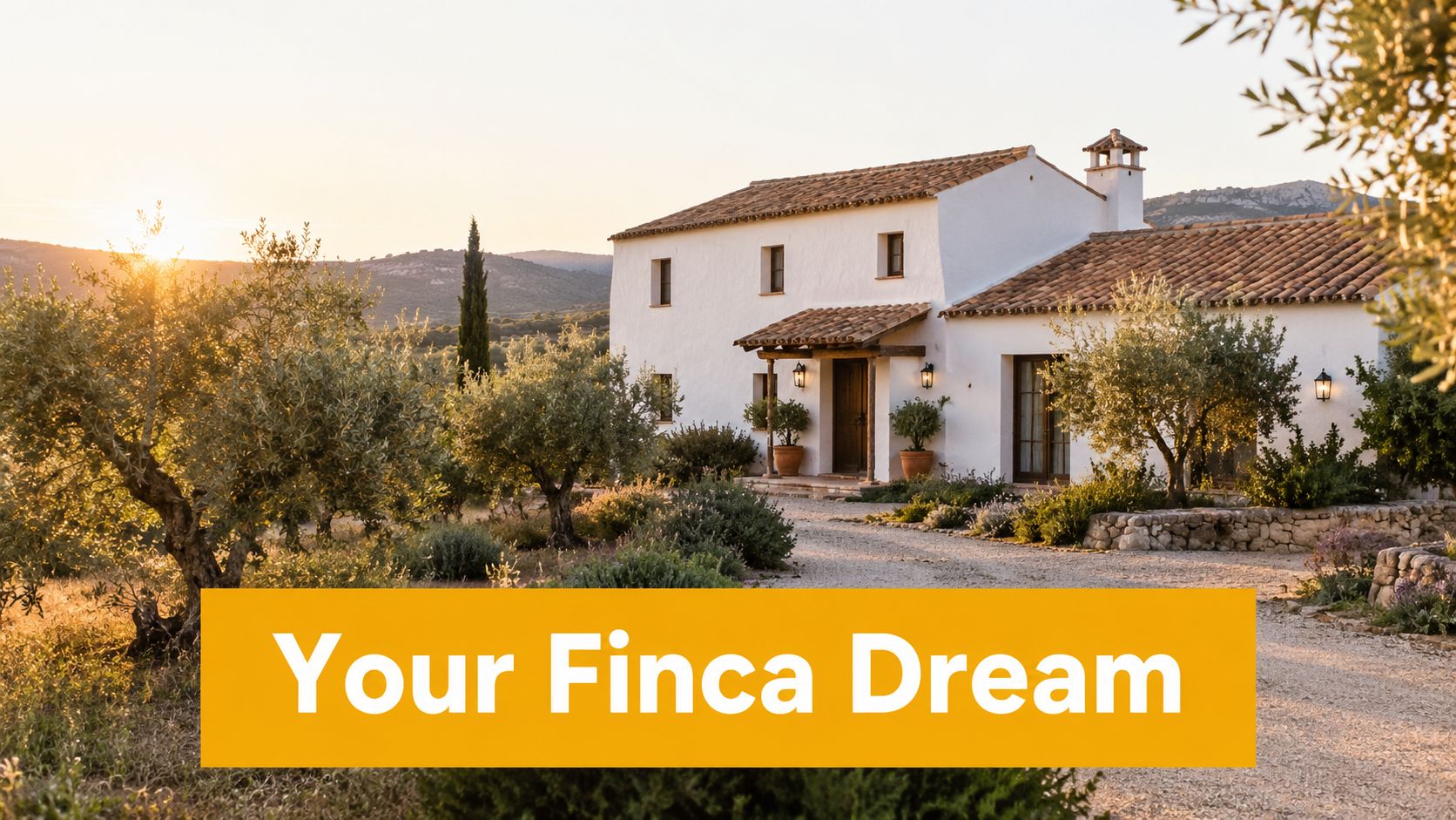 A beautiful sunlit Spanish finca house with a gravel driveway surrounded by olive trees at sunset.