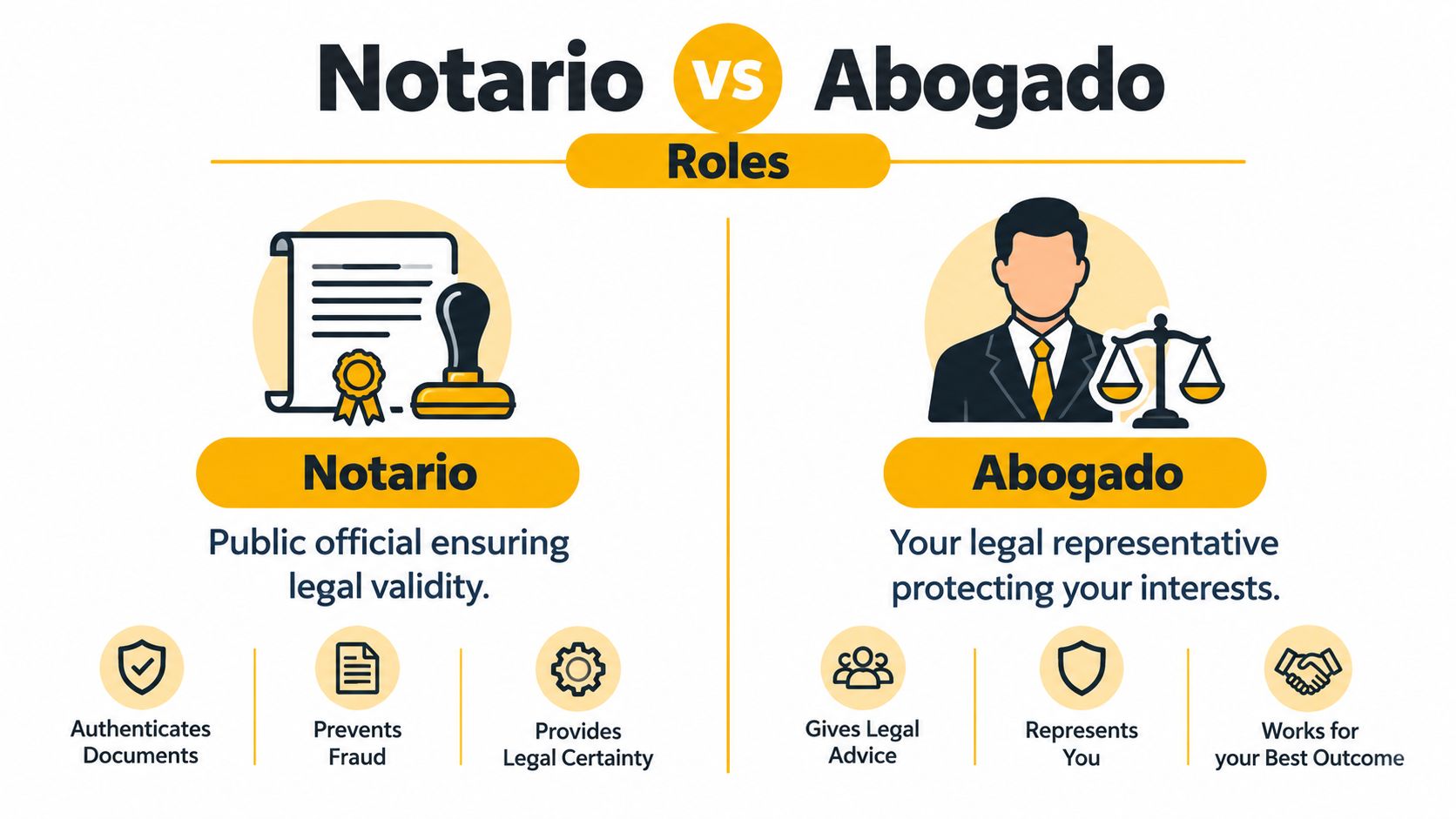 An infographic comparing the distinct roles and responsibilities of a Notario and an Abogado in Spain.