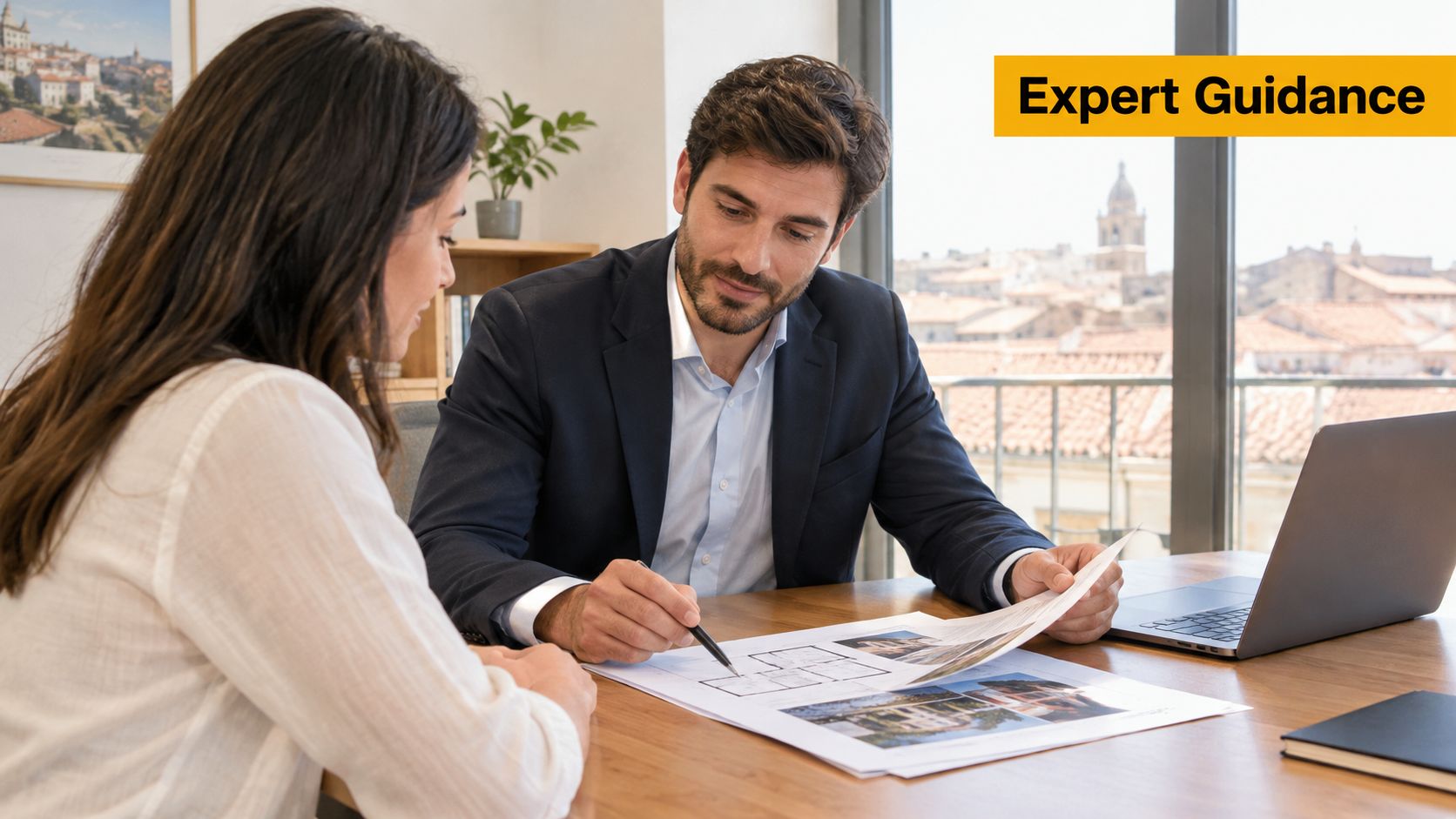 A professional real estate agent discusses overseas property in Spain with a client over blueprints.