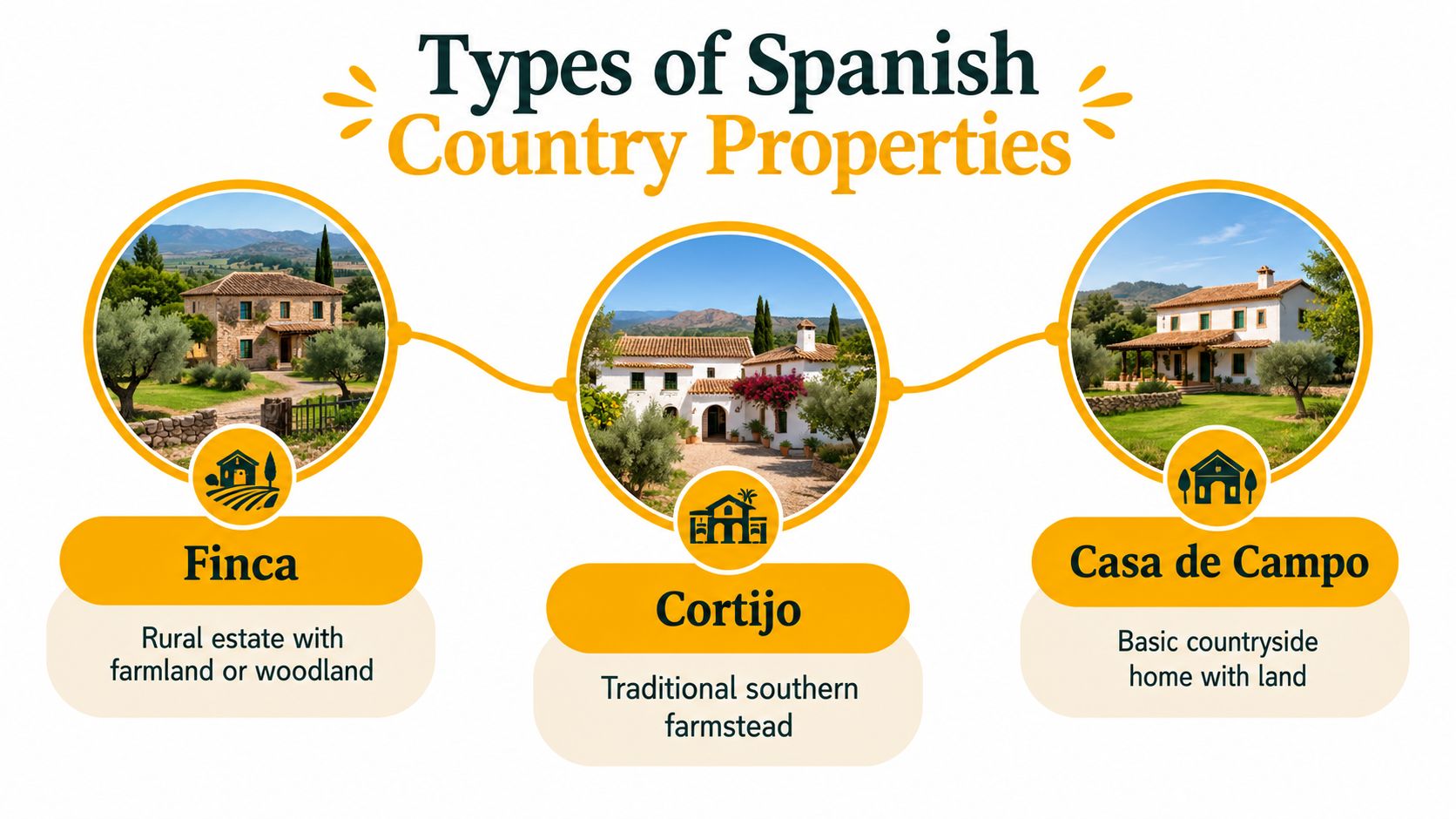 A graphic showing three types of Spanish country properties: Finca, Cortijo, and Casa de Campo with descriptions.