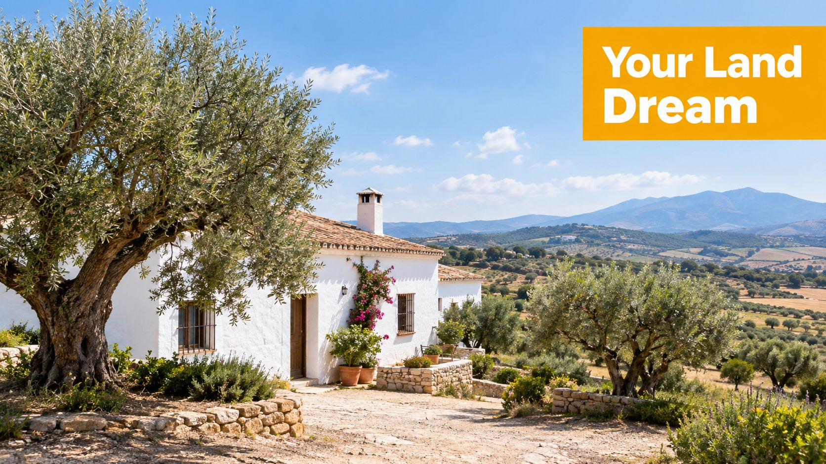 A beautiful white Spanish farmhouse surrounded by olive trees with stunning mountain views in the background.