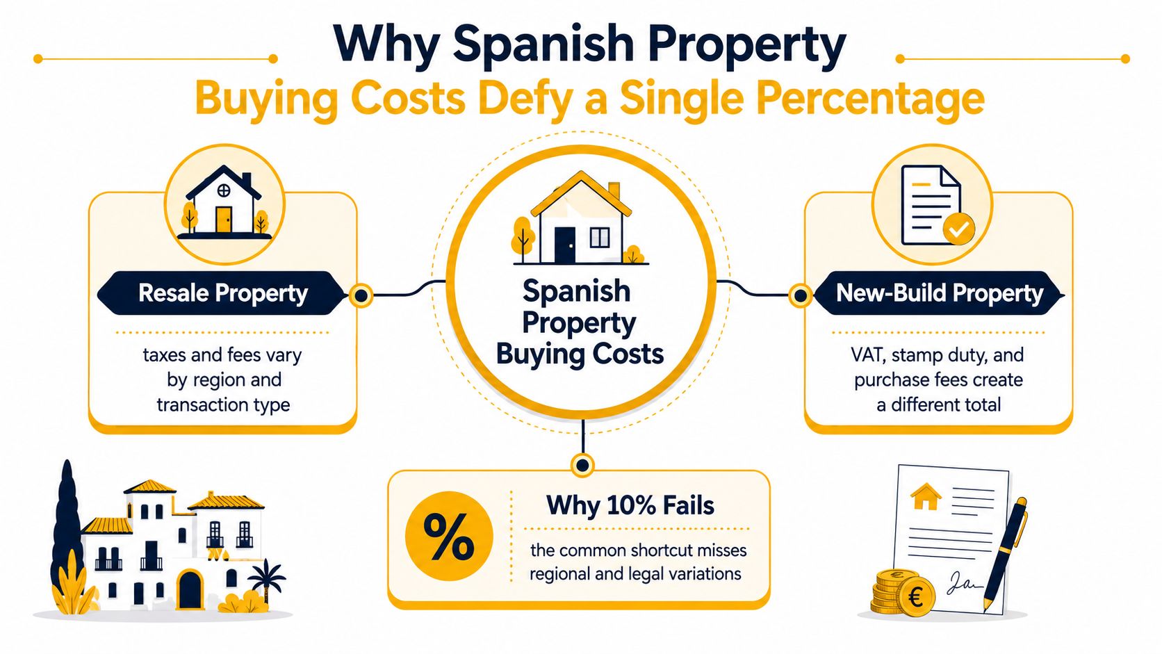 An infographic explaining why Spanish property buying costs vary and cannot be defined by a single percentage.