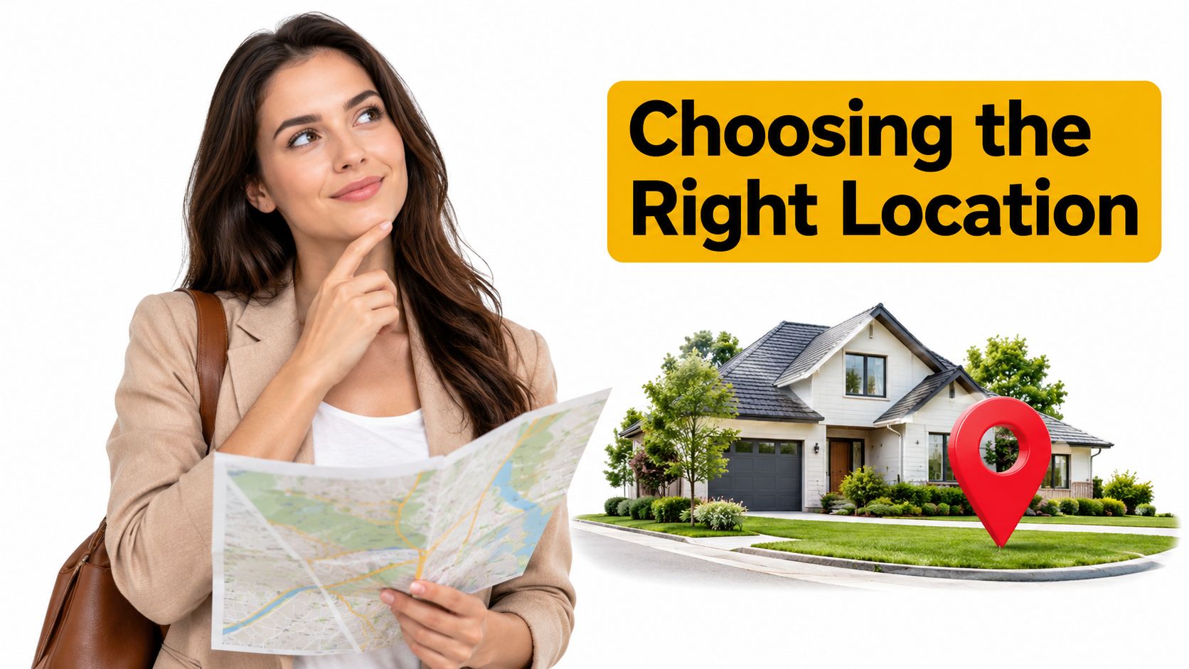 A woman holding a map and thinking while standing next to a house with a location pin.