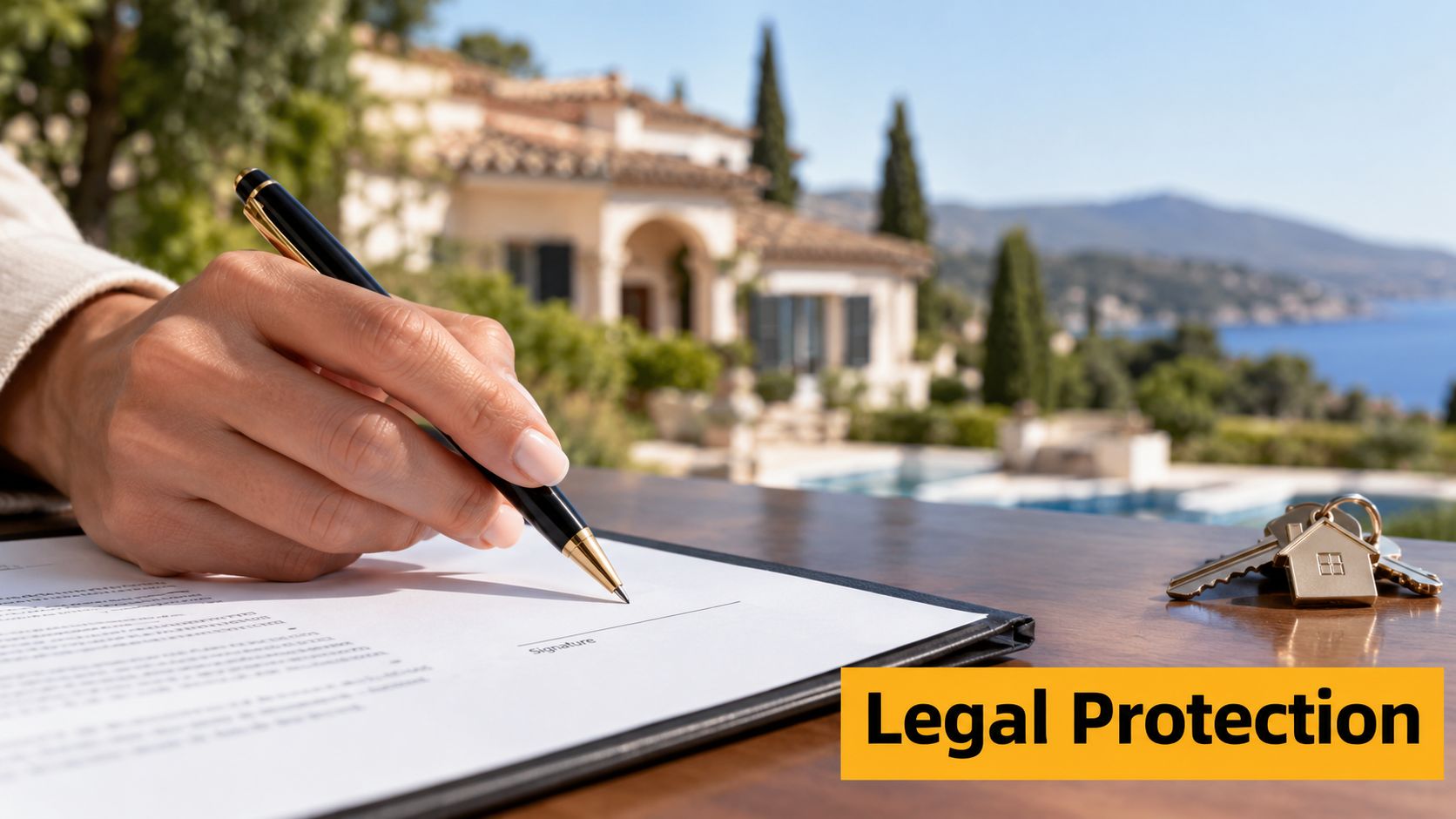 A hand signing a legal document on a wooden table with a house key and luxury villa