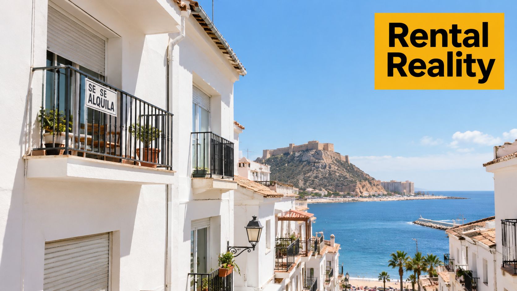 A scenic view of white apartments in Alicante, Spain, featuring a balcony rental sign overlooking the sea.