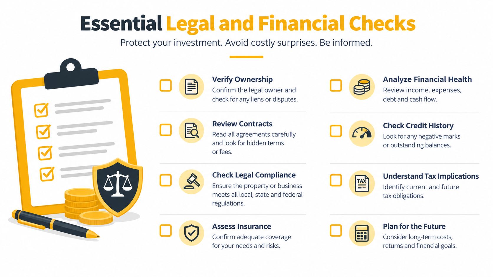 A checklist infographic illustrating essential legal and financial due diligence checks for investment protection and risk management.