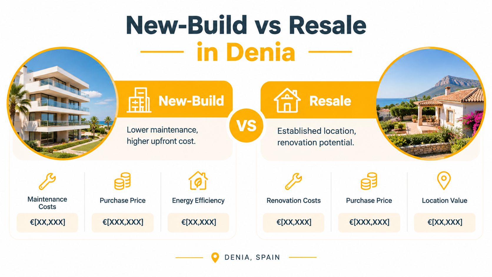 A comparison infographic between new-build and resale real estate properties in Denia, Spain featuring costs and benefits.