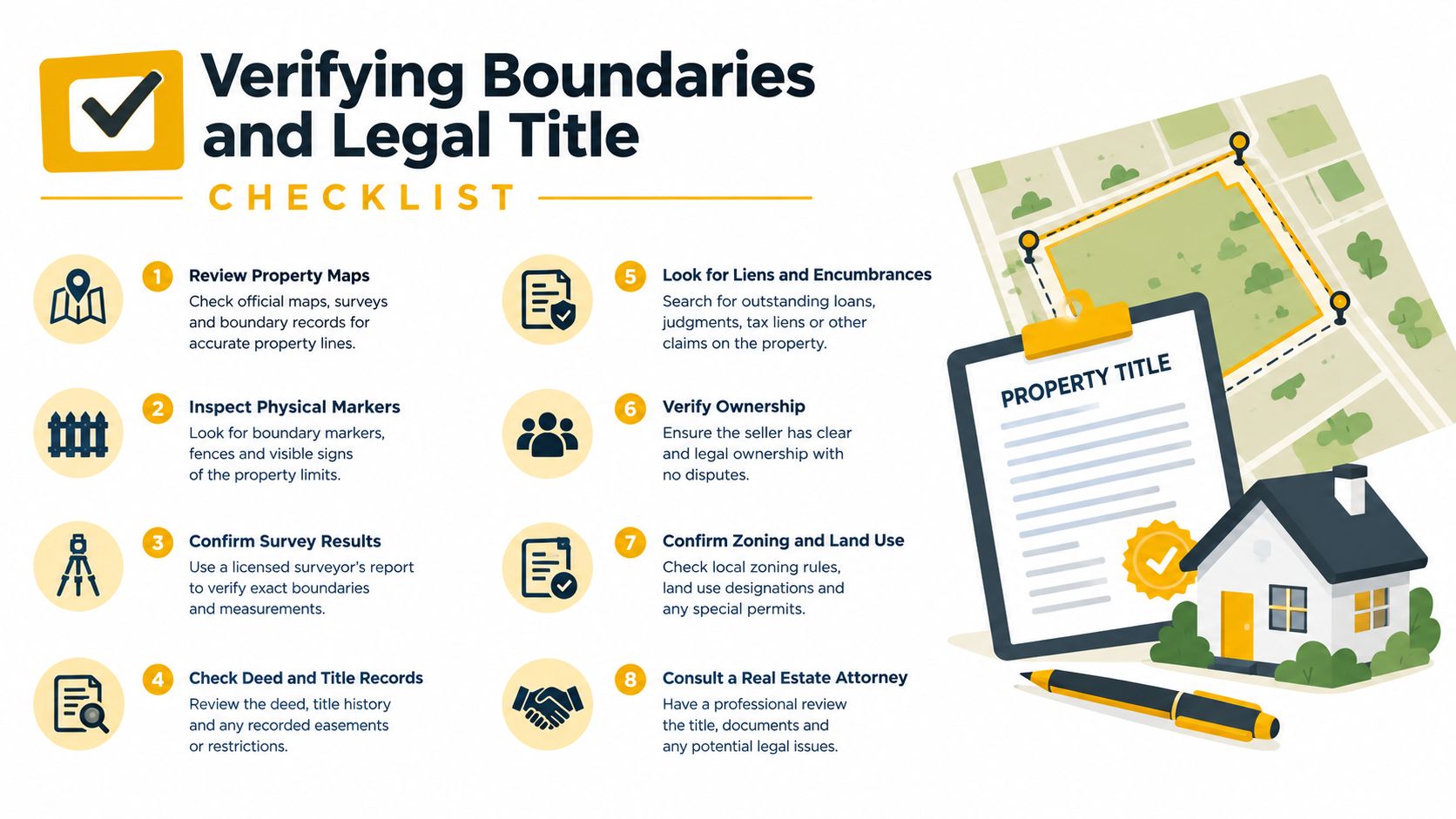 A checklist infographic illustrating eight essential steps for verifying property boundaries and legal title when buying land.