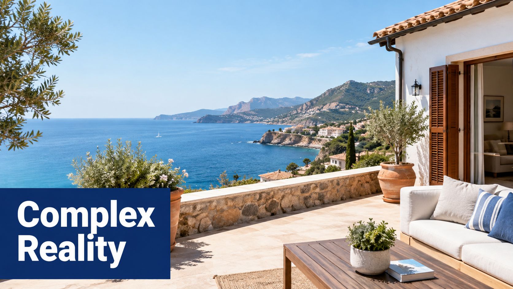 A luxurious terrace overlooking a blue sea with distant coastal mountains in Spain on a sunny day.