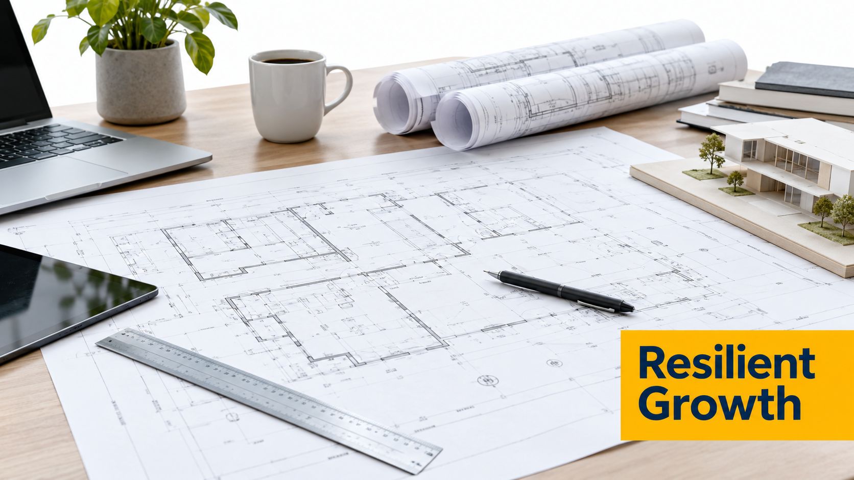 An architectural workspace featuring floor plans, a house model, a laptop, and coffee on a wooden desk.