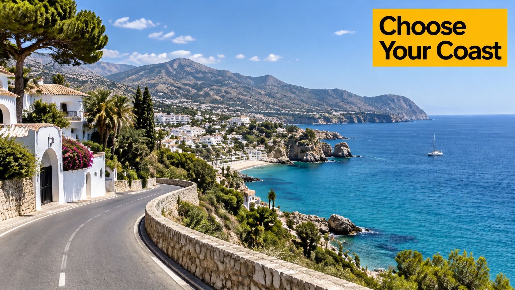 A scenic coastal road overlooking a beautiful Mediterranean town in Spain with mountains and deep blue water.